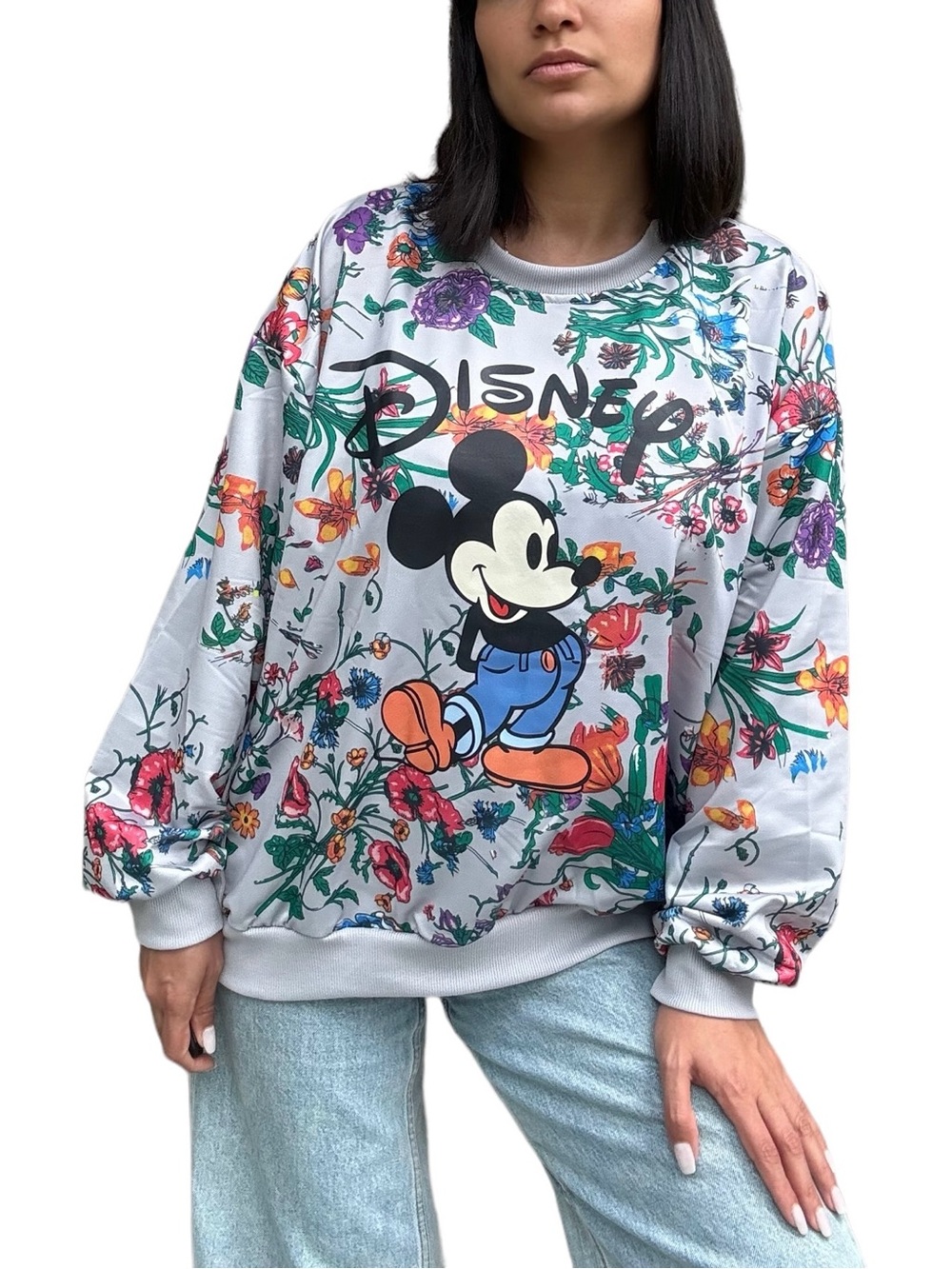 Disney White Floral Gray Mickey Mouse Crewneck Sweatshirt